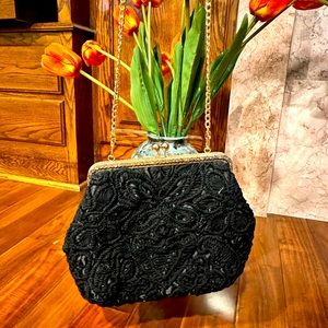 Beautiful black crotchet bag; hand made. Exquisite detail inside.